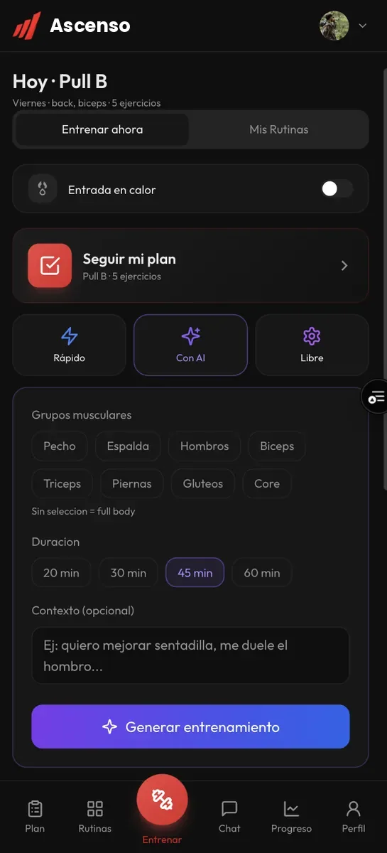 Generando un entrenamiento con IA en Ascenso